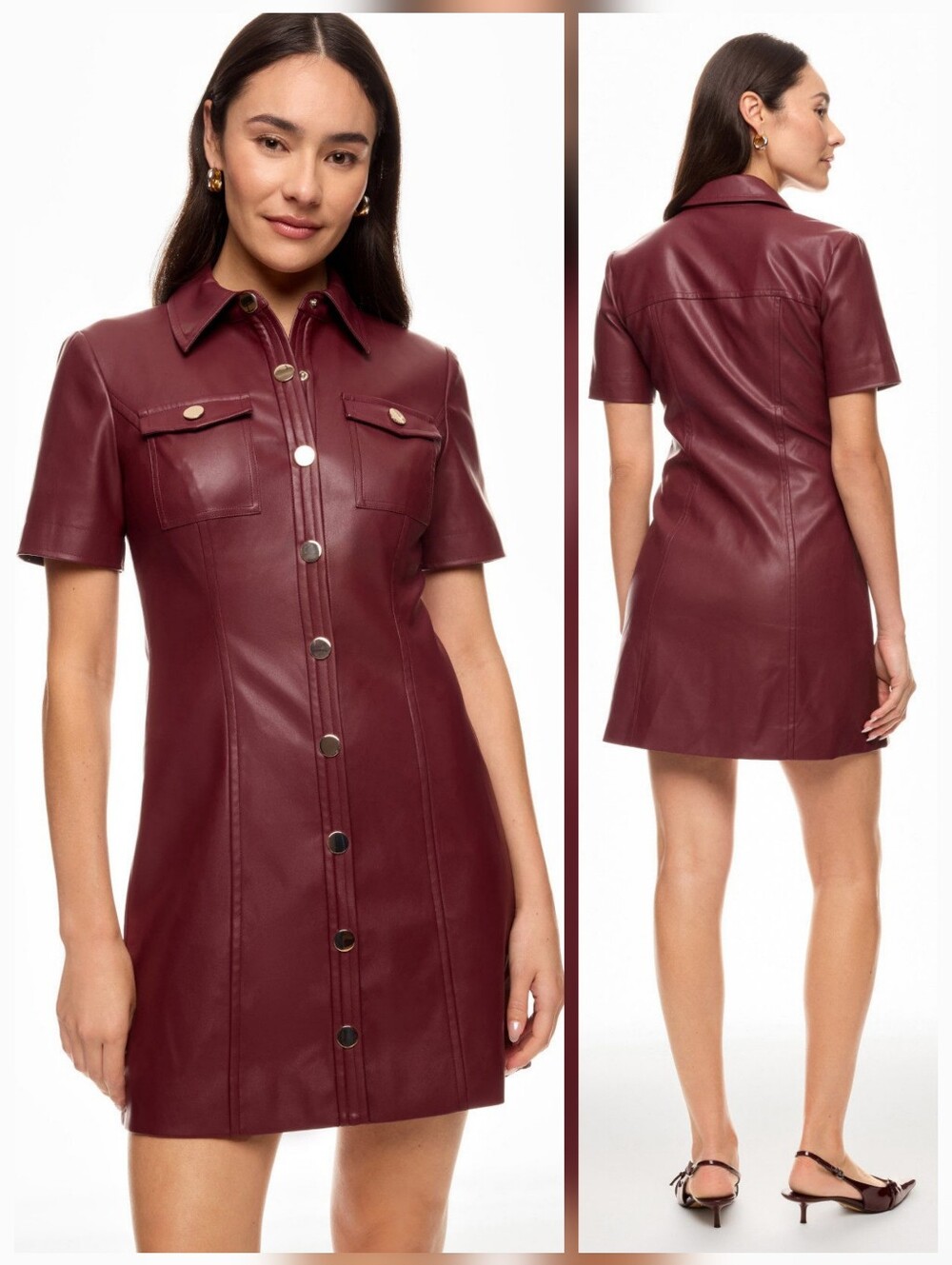 Toccin Faux Leather Short Sleeve Dress Collared Neckline Front Button Size 4